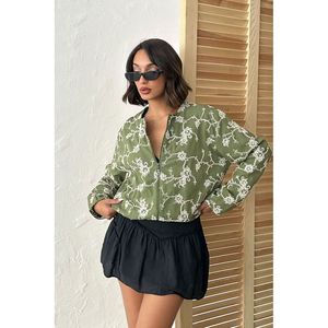 Chaqueta con Cierre y Bordado de Flores Negras TOPSHOW para Mujer, Ropa Exterior Cómoda de Mezcla de Algodón para Primavera y Otoño - Product Image 4