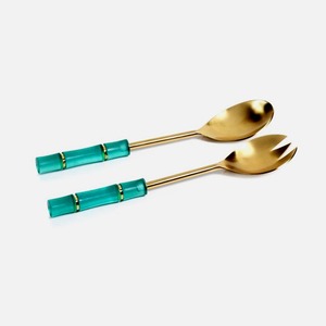 Set de service à salade à manche rond en résine verte Set de service à salade plaqué or en acier inoxydable de haute qualité avec poignée étonnante - Product Image 1