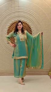 Ensemble Kurti Pant Dupatta brodé pour femmes, vert de mer, mélange de soie, vêtements ethniques, costume de fête pour femmes - Product Image 2