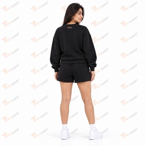 <b>Women</b> 2 Piece Shorts Set Crewneck Sweatshirt Solid <b>Black</b> <b>Fleece</b> Casual Regular Fit Knee Pocket 100% Cotton Quick Dry - Product Image 6