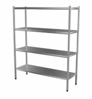 Zware, vrijstaande rechthoekige keukenrekken van RVS 304 met geborstelde matte afwerking, 4 planken, 1,5 meter hoog, 500 kg/m belastbaarheid