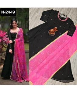 Las últimas mujeres usan vestidos Anarkali elegantes listos para usar con bordado y borde de trabajo Moti con estampado Digital Bandhani Dupatta - Product Image 1