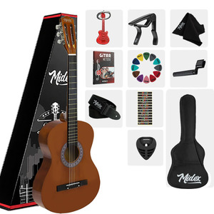 Guitare classique 4/4 marron, ensemble complet avec tige de tension réglable, accordeur, sac, sangle, capo et médiators |   Midex CG-270BRW - Product Image 1