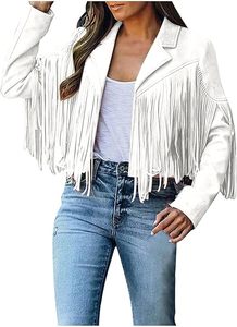 <b>Women</b> Boyfriend Cropped <b>Jackets</b> <b>Suede</b> Fringe Long Sleeve Slim Faux <b>Suede</b> Leather <b>Jacket</b> Cowboy Style Long Sleeve Tassels Coats - Product Image 5
