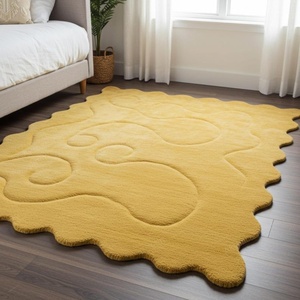 พรมทอมือสูงลายคลื่นต่ำพรมปูพื้นสีเหลืองดีไซน์ทันสมัย | ขนสัตว์นุ่ม10มม. ดีไซน์นามธรรมสำหรับห้องนั่งเล่นหรือพรมห้องนอน - Product Image 3