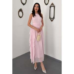 Robe rose poudré avec devant plissé et volanté - Rose poudré - Product Image 2