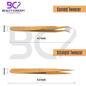 Pince à épiler d'extension en acier inoxydable de couleur dorée et de 2 pinces à épiler à pointe incurvée avec propre logo. - Product Image 4