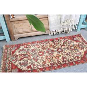 Vintage Turkish Small Rug 1.4x3.2 ft, <b>Red</b> <b>Wool</b> Rug - Product Image 2