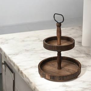 Support à gâteau en bois de manguier et métal à 3 niveaux avec finition argentée pour servir des muffins et des fruits dans les restaurants Outils décoratifs pour gâteaux - Product Image 6