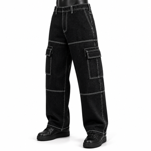 Jeans cargo en denim noir avec logo personnalisé, de haute qualité, à jambes larges, multi-poches, pantalon streetwear pour hommes - Product Image 6