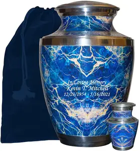 Cremation <b>Urn</b>, <b>Urns</b> <b>for</b> Human <b>Ashes</b>, Personalized Marble Finish Metal Funeral <b>Urn</b> With Velvet Bag (Blue Large) - Product Image 1