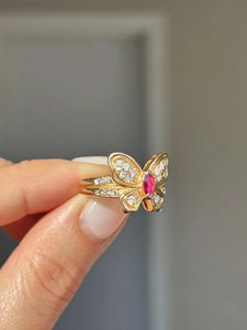 Bague double bande en or massif 14 carats avec rubis papillon, rubis naturel taille marquise et diamant, bague pierre de naissance de juillet, cadeau d'anniversaire - Product Image 3