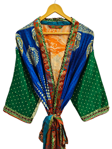 Estilo japonés Lounge Wear Bikini Cover Up Swim Wear Vestido largo Indian Reciclado Sari Seda Kimono Vestido de noche, - Product Image 2