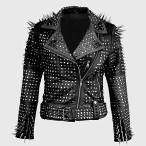 Chaqueta de cuero con tachuelas para mujer, chaqueta de cuero de motorista de estilo Rock personalizada, chaqueta con tachuelas de cuero con tachuelas pesadas plateadas - Product Image 3