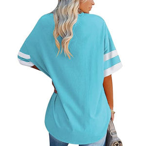 T-shirt surdimensionné à demi-manches et col rond pour femmes bleu ciel coupe ample respirant toile broderie décoration Style d'impression décontracté - Product Image 4