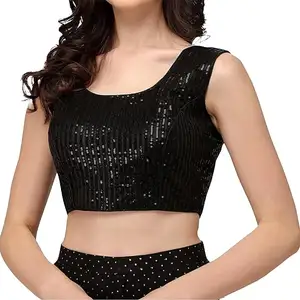 En kaliteli düğün parti Readymade kadın saten Glitter Bollywood tarzı kolsuz Trendy Remade yastıklı bluz bluz