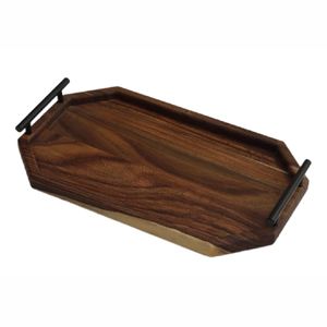 Plateau en bois d'acacia artisanal de qualité supérieure avec poignées en métal industriel, élégant plateau de service octogonal pour la cuisine et la maison - Product Image 1