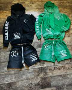 Ensemble short personnalisé en strass zippé lavé à l'acide avec broderie design vintage et style vieilli 100% coton éponge - Product Image 1