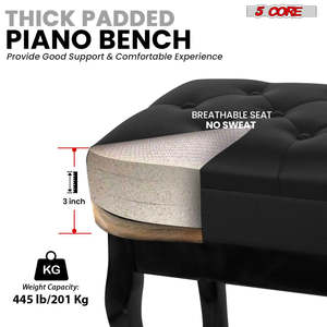 5 Core Piano Bench 3 Padded Cushioned <b>Stool</b> Wooden Heavy Duty Adjustable Musician Chair w Storage - Product Image 5