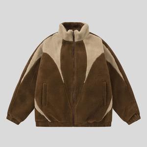 Veste en polaire sherpa patchwork à blocs de couleur personnalisés, style ample avec col montant, toile d'hiver, couleur personnalisable - Product Image 1