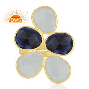 Venta caliente plata esterlina 18K chapado en oro corindón natural azul y aguamarina Calcedonia piedra preciosa Fabricación de joyería personalizada - Product Image 2