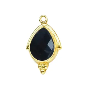 925 Sterling Silver Pear Fancy Bezel Black Onyx 8x10mm Gemstone Designer Charm Gold Vermeil Pendant For Jewelry Making Charms