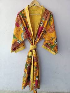 Winter Wear Sweet Style Kantha Jacket Long <b>Coat</b> Screen Print Floral V-neck Kimono <b>Robes</b> Soft Fabric Handmade Stitched Natural - Product Image 5