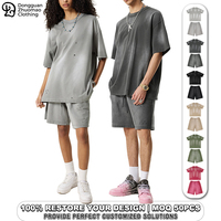 Ensemble 2 pièces décontracté en coton, t-shirt oversize et short à cordon, style streetwear, effet vieilli et déchiré, délavage vintage personnalisé