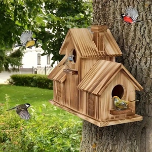 Casa de Pájaros de Madera Natural para Exteriores, con 3 Agujeros, Hecha a Mano, Colgante, para Jardín, Patio Trasero o Terraza - Product Image 2