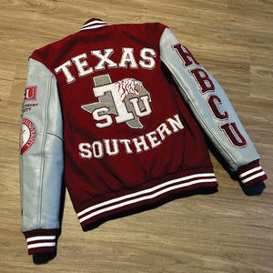 2025 veste universitaire en laine personnalisée avec col montant et logo avant veste Letterman en gros avec manches en cuir - Product Image 2