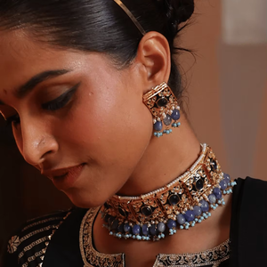 Bleu kundan Meenakari tour de cou ensemble collier avec boucles d'oreilles ensemble de bijoux tour de cou collier de créateur bijoux de mariage Royal pour les femmes - Product Image 1