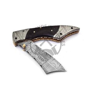 Venta al por mayor hecho a mano resistente Acero de Damasco cuchillo de bolsillo plegable estilo maquinilla de afeitar refuerzo/mango de cuerno OEM personalizable para la caza - Product Image 5