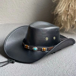 Sombrero de Vaquero de Cuero Marrón y Negro, Sombrero de Vaquero Occidental, Sombrero de Vaquera Vintage para Montar al Aire Libre, Sombrero de Rancho, Sombrero de Vaquero de Cuero Vacuno Genuino - Product Image 6