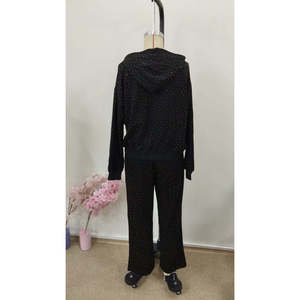 Women'<b>s</b> Long-Sleeve Hooded Zip-Up <b>Blouse</b> <b>and</b> Sweatpants Set, Embellished Front Zipper, Viscose Two-Thread Fabric, 30870 - Black - Product Image 6