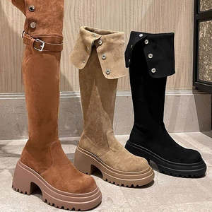 2025 New Retro Brown <b>Knee</b>-<b>High</b> Women's Western Boots Autumn Winter Fleece-Lined Over-the-<b>Knee</b> Long Riding Boots Small Size - Product Image 1