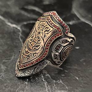 Anillo de Plata de Ley 925 Tallado a Mano con Motivo de la Bandera Otomana, Joya Masculina de Archer Thumb - Product Image 1