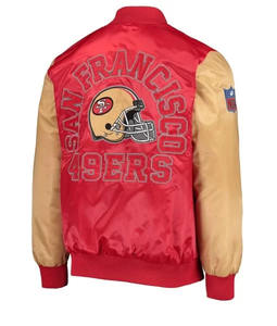 เสื้อแจ็กเก็ตบอมเบอร์สำหรับผู้ชายผ้าซาตินสีแดงและสีทองมีกระดุมปิดมีกระดุมสำหรับใส่กลางแจ้งแฟชั่นฤดูหนาว2024สินค้าจากซานฟรานซิสโก NFL - Product Image 2