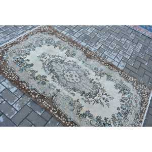 Vintage Rug 3.8x6.7 ft, <b>Brown</b> Blue Oriental <b>Wool</b> Turkish Rug - Product Image 4