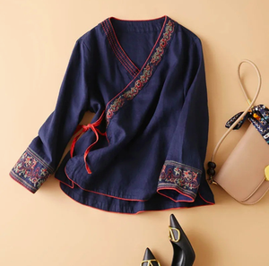 Haut en coton respirant brodé oblique pour femme, style chinois d'été, rétro artistique, ample, amélioré, vêtements Hanfu, thé, <span class=keywords><strong>zen</strong></span> - Product Image 3