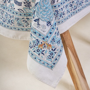 Venta al por mayor bloque de mano impresión azul floral cubierta de mesa para banquetes Hotel estilo bohemio bordado algodón mantel reutilizable din - Product Image 6