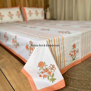 Indian Handcrafted Sanganeri Hand Block Printed Bedsheets <b>Bedding</b> Sets Bedsheet with Pillow Cover - Product Image 2
