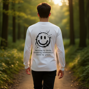 T-shirt a maniche lunghe - "Walking by Faith Tripping Constantly Saved by Grace" - Prodotto promozionale - Product Image 3