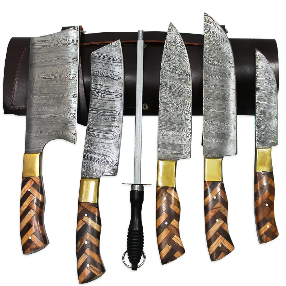 Nhà Máy Làm Bằng Tay 6Pcs Knife Set Bằng Gỗ Thiết Kế Xử Lý 4Cr13 Bánh Mì Laser Damascus Mô Hình Dao Nhà Bếp Bộ