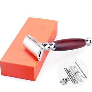 Rasoir de sécurité en acier inoxydable de marque privée OEM de qualité supérieure de couleur personnalisée avec double lame tranchante pour le visage et le corps manche en bois - Product Image 1