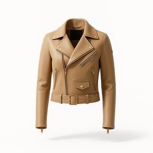 Chaqueta de Motociclista de Cuero Beige de Lujo para Mujer 2025 con Cremalleras Doradas - Product Image 1