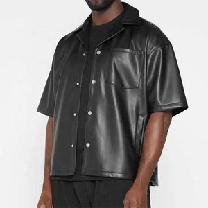 High Quality Custom Applique Embroidery Loose Fit Short Sleeve Button up <b>T</b> <b>Shirt</b> <b>Vegan</b> Leather Short Sleeves <b>T</b> <b>Shirt</b> for Men's - Product Image 3