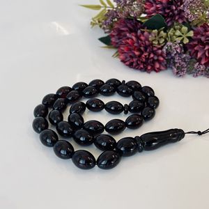 Perles de prière musulmanes en ambre de la Baltique, forme d'olives, couleur cerise - Product Image 1