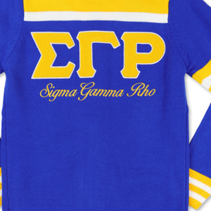 Cardigan en laine Sigma Gamma Rho bleu et or pour femme, pull boutonné avec lettres grecques, vêtements de sororité SGR, coupe premium - Product Image 6