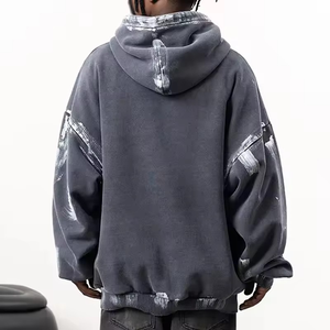 Logo personnalisé vierge doublé en détresse vintage sans ficelle à capuche poids lourd coton pull lavage à l'acide Streetwear sweats à capuche - Product Image 3