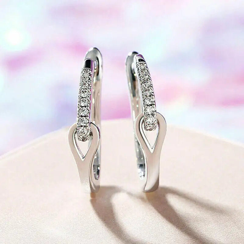 Charm 925 Silver plated Filled Hoop Earring Cubic Zircon diamond Women Wedding Jewelry 14k White Gold Plated